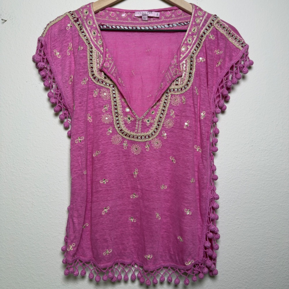 Calypso St. Barth Women 100% Linen Top Small Pink Embroidered Pom Pom Resort